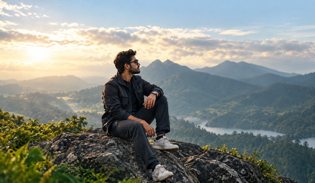 Outdoor portrait AI prompt example — man sitting on a rock overlooking misty mountains at sunrise